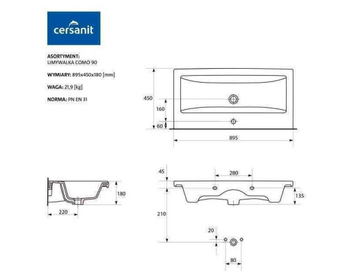 Умивальник меблевий Cersanit COMO 90