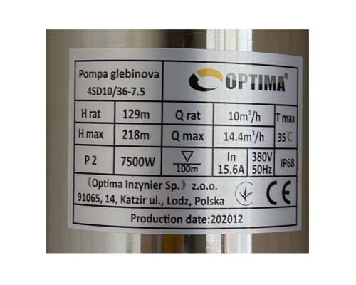 Насос свердловинний з підв. стійк. до піску OPTIMA 4SD10/36 7.5 кВт 218м 3-фазний ( 2 частини )
