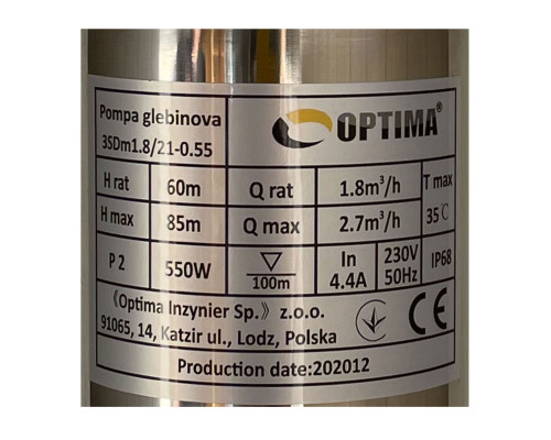 Насос свердловинний з підв, стійк, до піску 3″ OPTIMA 3SDm1,8/21 0,55 кВт 85м +пульт+кабель 1,5мNEW