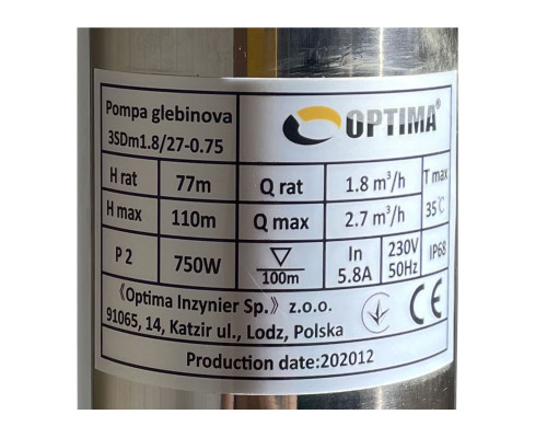 Насос свердловинний з підв, стійк, до піску 3″ OPTIMA 3SDm1,8/27 0,75 кВт 115м +пульт+кабель 1,5мNEW