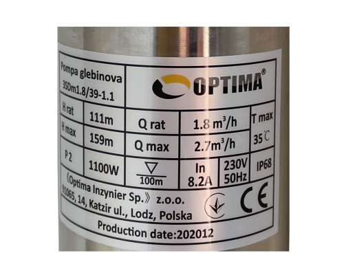 Насос свердловинний з підв, стійк, до піску 3″ OPTIMA 3SDm1,8/39 1,1 кВт 159м +пульт+кабель 1,5мNEW
